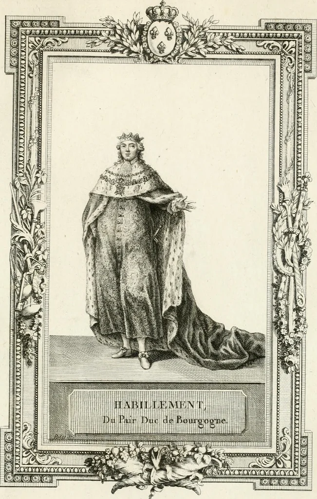 An illustration from Sacre et couronnement de Louis XVI roi de France et de Navarre à Rheims, le 11 juin 1775 : précédé de Recherches sur le sacre des rois de France, depuis Clovis jusqu'a Louis XV : et suivi d'un Journal historique de ce qui s'est passé a cette auguste cérémonie : enrichi d'un très-grand nombre de figures en taille-douce, gravées par le sieur Patas, avec leurs explications, 1775, leaf 290