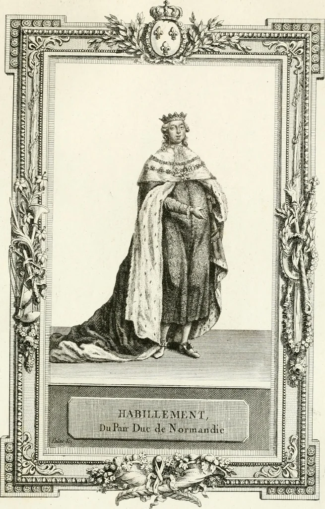 An illustration from Sacre et couronnement de Louis XVI roi de France et de Navarre à Rheims, le 11 juin 1775 : précédé de Recherches sur le sacre des rois de France, depuis Clovis jusqu'a Louis XV : et suivi d'un Journal historique de ce qui s'est passé a cette auguste cérémonie : enrichi d'un très-grand nombre de figures en taille-douce, gravées par le sieur Patas, avec leurs explications, 1775, leaf 292