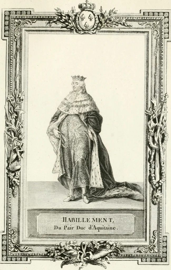 An illustration from Sacre et couronnement de Louis XVI roi de France et de Navarre à Rheims, le 11 juin 1775 : précédé de Recherches sur le sacre des rois de France, depuis Clovis jusqu'a Louis XV : et suivi d'un Journal historique de ce qui s'est passé a cette auguste cérémonie : enrichi d'un très-grand nombre de figures en taille-douce, gravées par le sieur Patas, avec leurs explications, 1775, leaf 294