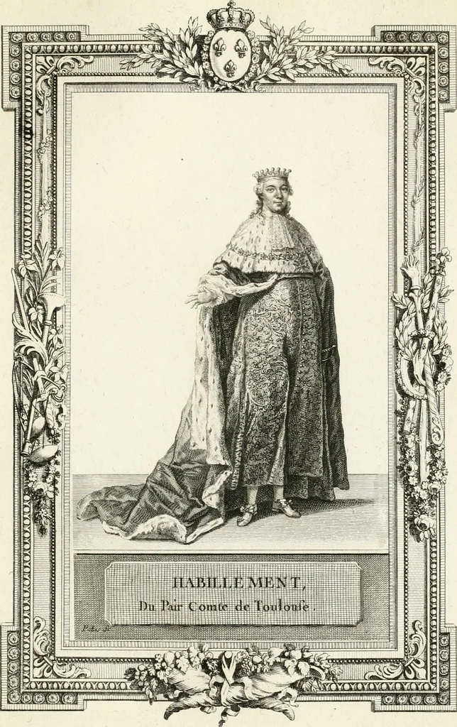 An illustration from Sacre et couronnement de Louis XVI roi de France et de Navarre à Rheims, le 11 juin 1775 : précédé de Recherches sur le sacre des rois de France, depuis Clovis jusqu'a Louis XV : et suivi d'un Journal historique de ce qui s'est passé a cette auguste cérémonie : enrichi d'un très-grand nombre de figures en taille-douce, gravées par le sieur Patas, avec leurs explications, 1775, leaf 296