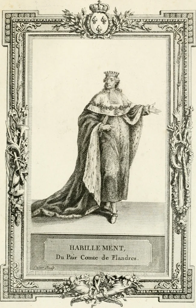 An illustration from Sacre et couronnement de Louis XVI roi de France et de Navarre à Rheims, le 11 juin 1775 : précédé de Recherches sur le sacre des rois de France, depuis Clovis jusqu'a Louis XV : et suivi d'un Journal historique de ce qui s'est passé a cette auguste cérémonie : enrichi d'un très-grand nombre de figures en taille-douce, gravées par le sieur Patas, avec leurs explications, 1775, leaf 300