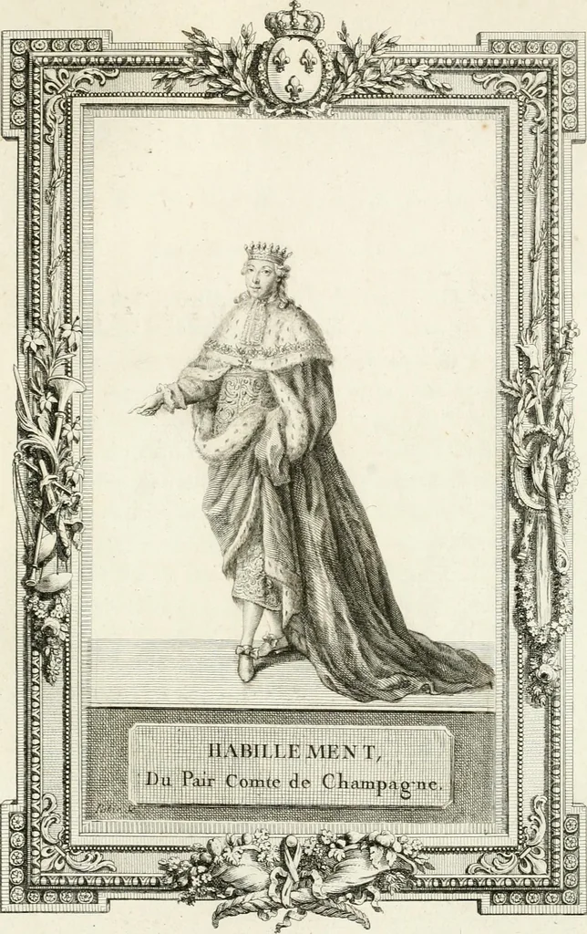 An illustration from Sacre et couronnement de Louis XVI roi de France et de Navarre à Rheims, le 11 juin 1775 : précédé de Recherches sur le sacre des rois de France, depuis Clovis jusqu'a Louis XV : et suivi d'un Journal historique de ce qui s'est passé a cette auguste cérémonie : enrichi d'un très-grand nombre de figures en taille-douce, gravées par le sieur Patas, avec leurs explications, 1775, leaf 302