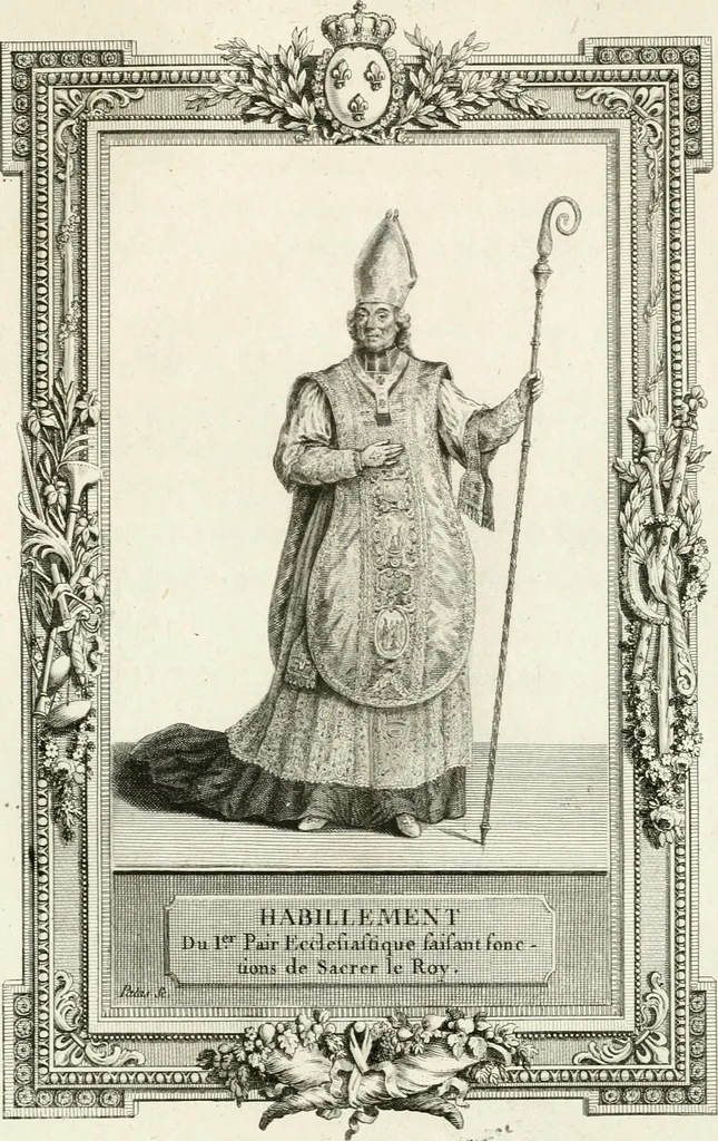 An illustration from Sacre et couronnement de Louis XVI roi de France et de Navarre à Rheims, le 11 juin 1775 : précédé de Recherches sur le sacre des rois de France, depuis Clovis jusqu'a Louis XV : et suivi d'un Journal historique de ce qui s'est passé a cette auguste cérémonie : enrichi d'un très-grand nombre de figures en taille-douce, gravées par le sieur Patas, avec leurs explications, 1775, leaf 306