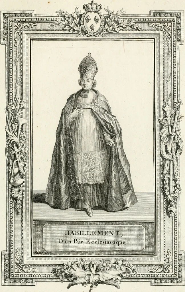 An illustration from Sacre et couronnement de Louis XVI roi de France et de Navarre à Rheims, le 11 juin 1775 : précédé de Recherches sur le sacre des rois de France, depuis Clovis jusqu'a Louis XV : et suivi d'un Journal historique de ce qui s'est passé a cette auguste cérémonie : enrichi d'un très-grand nombre de figures en taille-douce, gravées par le sieur Patas, avec leurs explications, 1775, leaf 310