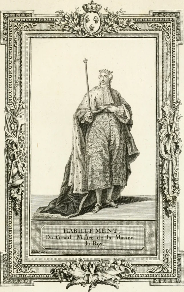 An illustration from Sacre et couronnement de Louis XVI roi de France et de Navarre à Rheims, le 11 juin 1775 : précédé de Recherches sur le sacre des rois de France, depuis Clovis jusqu'a Louis XV : et suivi d'un Journal historique de ce qui s'est passé a cette auguste cérémonie : enrichi d'un très-grand nombre de figures en taille-douce, gravées par le sieur Patas, avec leurs explications, 1775, leaf 322
