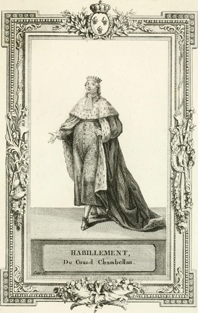 An illustration from Sacre et couronnement de Louis XVI roi de France et de Navarre à Rheims, le 11 juin 1775 : précédé de Recherches sur le sacre des rois de France, depuis Clovis jusqu'a Louis XV : et suivi d'un Journal historique de ce qui s'est passé a cette auguste cérémonie : enrichi d'un très-grand nombre de figures en taille-douce, gravées par le sieur Patas, avec leurs explications, 1775, leaf 324