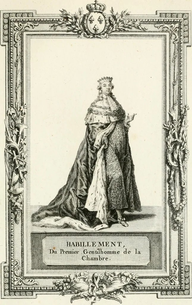 An illustration from Sacre et couronnement de Louis XVI roi de France et de Navarre à Rheims, le 11 juin 1775 : précédé de Recherches sur le sacre des rois de France, depuis Clovis jusqu'a Louis XV : et suivi d'un Journal historique de ce qui s'est passé a cette auguste cérémonie : enrichi d'un très-grand nombre de figures en taille-douce, gravées par le sieur Patas, avec leurs explications, 1775, leaf 326