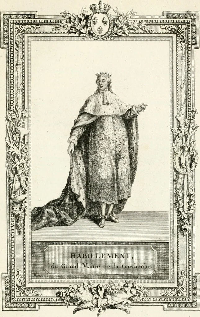 An illustration from Sacre et couronnement de Louis XVI roi de France et de Navarre à Rheims, le 11 juin 1775 : précédé de Recherches sur le sacre des rois de France, depuis Clovis jusqu'a Louis XV : et suivi d'un Journal historique de ce qui s'est passé a cette auguste cérémonie : enrichi d'un très-grand nombre de figures en taille-douce, gravées par le sieur Patas, avec leurs explications, 1775, leaf 328
