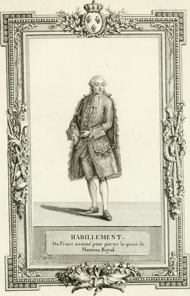An illustration from Sacre et couronnement de Louis XVI roi de France et de Navarre à Rheims, le 11 juin 1775 : précédé de Recherches sur le sacre des rois de France, depuis Clovis jusqu'a Louis XV : et suivi d'un Journal historique de ce qui s'est passé a cette auguste cérémonie : enrichi d'un très-grand nombre de figures en taille-douce, gravées par le sieur Patas, avec leurs explications, 1775, leaf 332