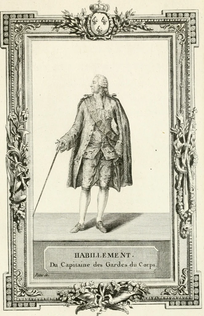 An illustration from Sacre et couronnement de Louis XVI roi de France et de Navarre à Rheims, le 11 juin 1775 : précédé de Recherches sur le sacre des rois de France, depuis Clovis jusqu'a Louis XV : et suivi d'un Journal historique de ce qui s'est passé a cette auguste cérémonie : enrichi d'un très-grand nombre de figures en taille-douce, gravées par le sieur Patas, avec leurs explications, 1775, leaf 336