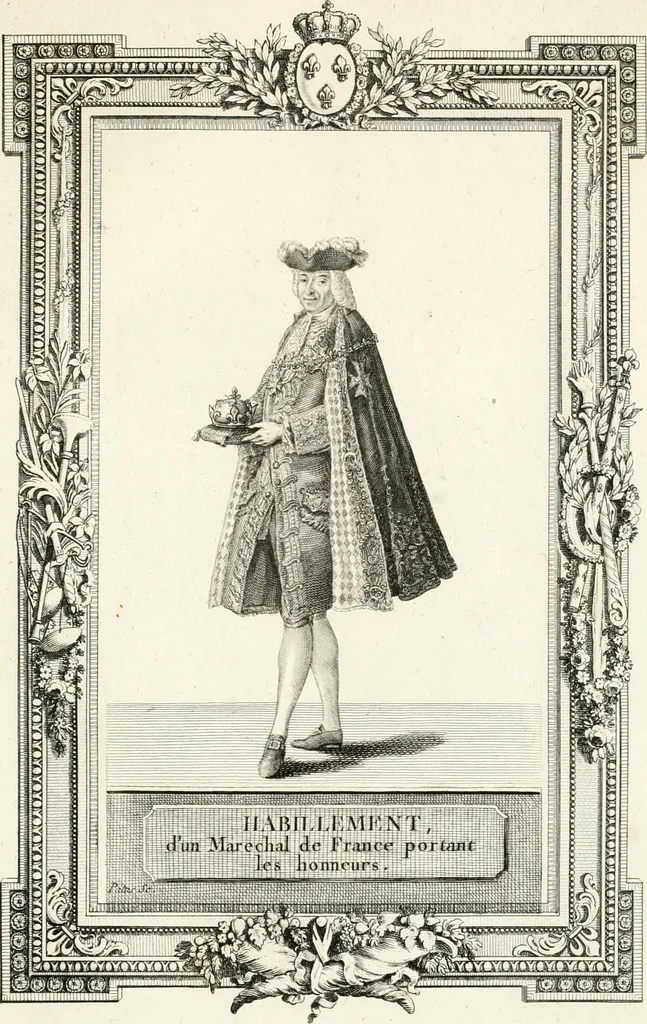 An illustration from Sacre et couronnement de Louis XVI roi de France et de Navarre à Rheims, le 11 juin 1775 : précédé de Recherches sur le sacre des rois de France, depuis Clovis jusqu'a Louis XV : et suivi d'un Journal historique de ce qui s'est passé a cette auguste cérémonie : enrichi d'un très-grand nombre de figures en taille-douce, gravées par le sieur Patas, avec leurs explications, 1775, leaf 340