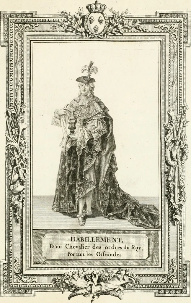 An illustration from Sacre et couronnement de Louis XVI roi de France et de Navarre à Rheims, le 11 juin 1775 : précédé de Recherches sur le sacre des rois de France, depuis Clovis jusqu'a Louis XV : et suivi d'un Journal historique de ce qui s'est passé a cette auguste cérémonie : enrichi d'un très-grand nombre de figures en taille-douce, gravées par le sieur Patas, avec leurs explications, 1775, leaf 344