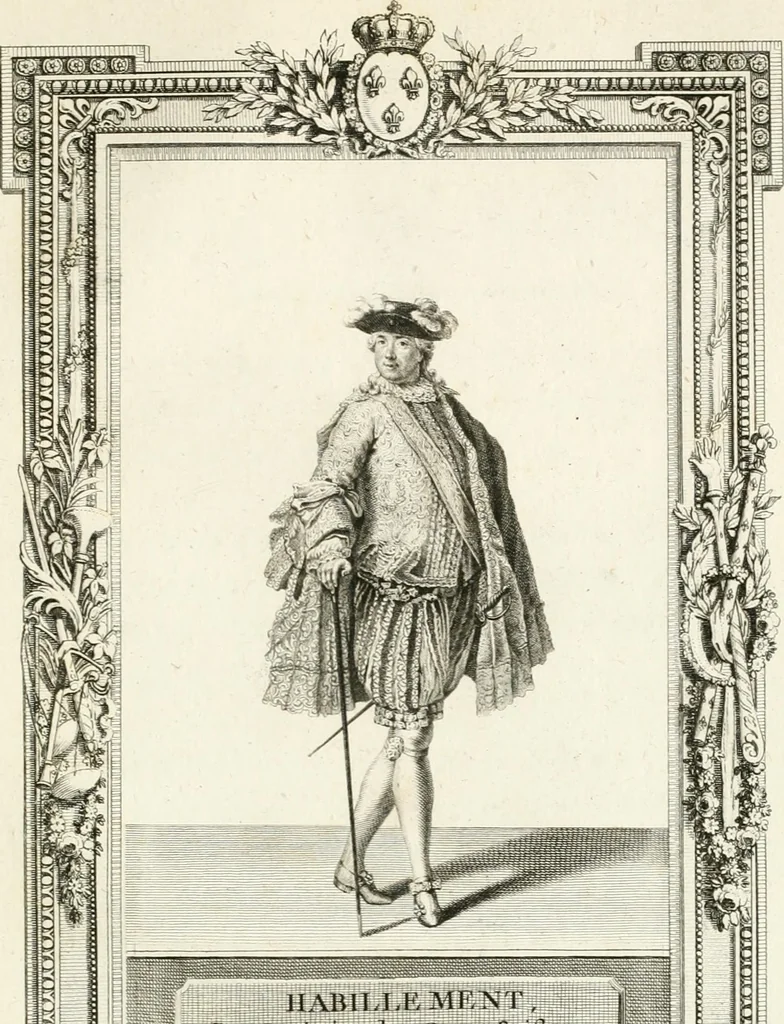 An illustration from Sacre et couronnement de Louis XVI roi de France et de Navarre à Rheims, le 11 juin 1775 : précédé de Recherches sur le sacre des rois de France, depuis Clovis jusqu'a Louis XV : et suivi d'un Journal historique de ce qui s'est passé a cette auguste cérémonie : enrichi d'un très-grand nombre de figures en taille-douce, gravées par le sieur Patas, avec leurs explications, 1775, leaf 348
