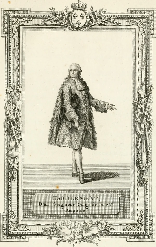 An illustration from Sacre et couronnement de Louis XVI roi de France et de Navarre à Rheims, le 11 juin 1775 : précédé de Recherches sur le sacre des rois de France, depuis Clovis jusqu'a Louis XV : et suivi d'un Journal historique de ce qui s'est passé a cette auguste cérémonie : enrichi d'un très-grand nombre de figures en taille-douce, gravées par le sieur Patas, avec leurs explications, 1775, leaf 352