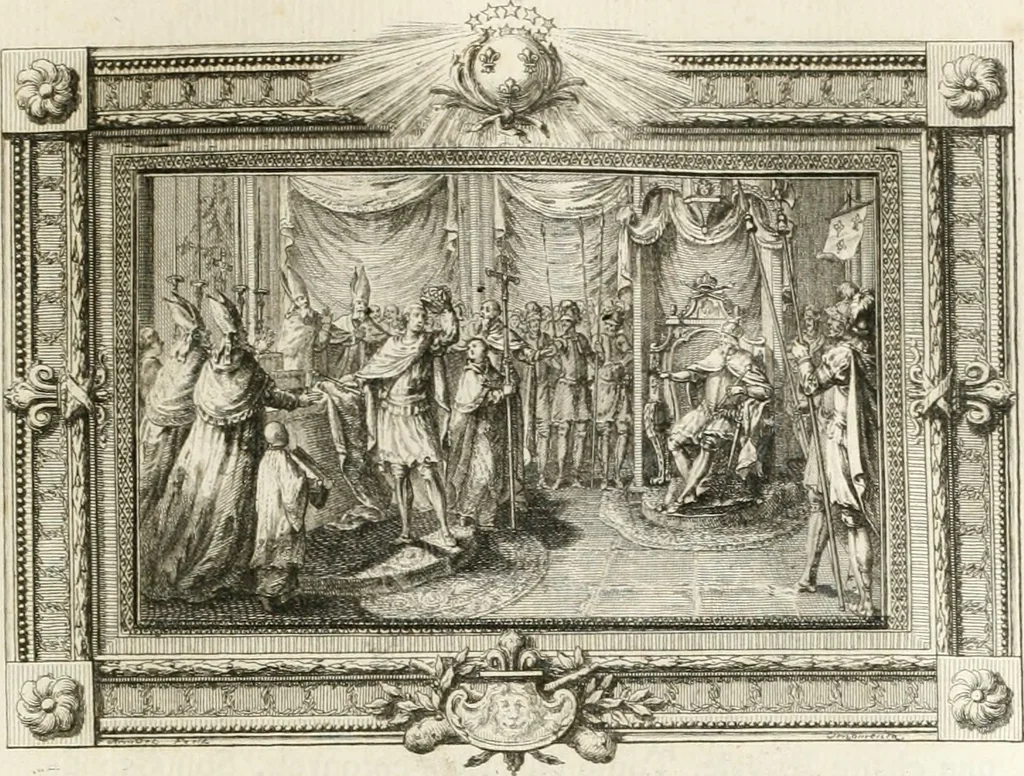 An illustration from Sacre et couronnement de Louis XVI roi de France et de Navarre à Rheims, le 11 juin 1775 : précédé de Recherches sur le sacre des rois de France, depuis Clovis jusqu'a Louis XV : et suivi d'un Journal historique de ce qui s'est passé a cette auguste cérémonie : enrichi d'un très-grand nombre de figures en taille-douce, gravées par le sieur Patas, avec leurs explications, 1775, leaf 36