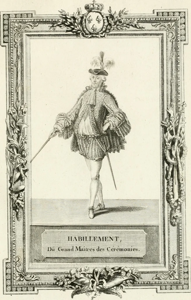 An illustration from Sacre et couronnement de Louis XVI roi de France et de Navarre à Rheims, le 11 juin 1775 : précédé de Recherches sur le sacre des rois de France, depuis Clovis jusqu'a Louis XV : et suivi d'un Journal historique de ce qui s'est passé a cette auguste cérémonie : enrichi d'un très-grand nombre de figures en taille-douce, gravées par le sieur Patas, avec leurs explications, 1775, leaf 360
