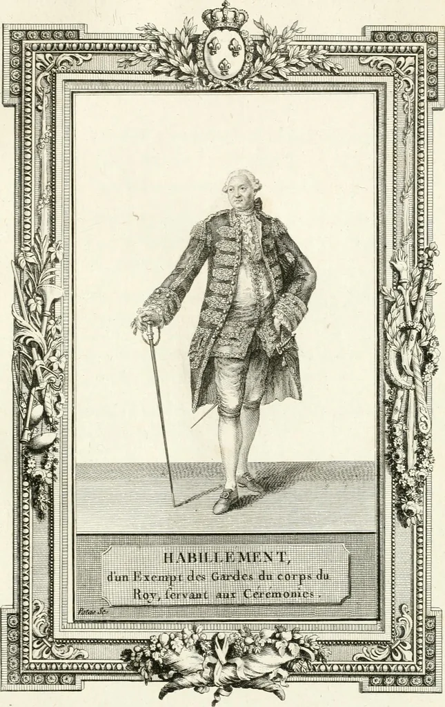 An illustration from Sacre et couronnement de Louis XVI roi de France et de Navarre à Rheims, le 11 juin 1775 : précédé de Recherches sur le sacre des rois de France, depuis Clovis jusqu'a Louis XV : et suivi d'un Journal historique de ce qui s'est passé a cette auguste cérémonie : enrichi d'un très-grand nombre de figures en taille-douce, gravées par le sieur Patas, avec leurs explications, 1775, leaf 364