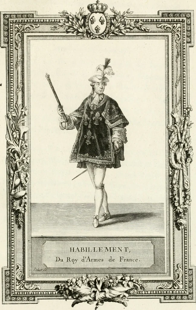An illustration from Sacre et couronnement de Louis XVI roi de France et de Navarre à Rheims, le 11 juin 1775 : précédé de Recherches sur le sacre des rois de France, depuis Clovis jusqu'a Louis XV : et suivi d'un Journal historique de ce qui s'est passé a cette auguste cérémonie : enrichi d'un très-grand nombre de figures en taille-douce, gravées par le sieur Patas, avec leurs explications, 1775, leaf 368