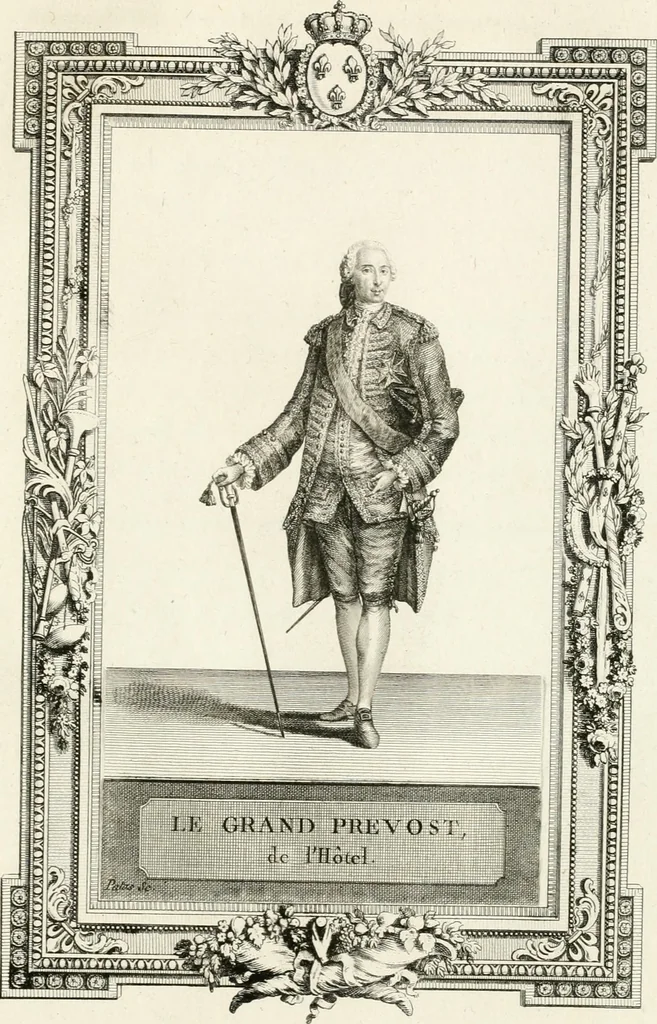 An illustration from Sacre et couronnement de Louis XVI roi de France et de Navarre à Rheims, le 11 juin 1775 : précédé de Recherches sur le sacre des rois de France, depuis Clovis jusqu'a Louis XV : et suivi d'un Journal historique de ce qui s'est passé a cette auguste cérémonie : enrichi d'un très-grand nombre de figures en taille-douce, gravées par le sieur Patas, avec leurs explications, 1775, leaf 372