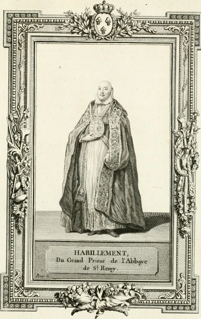An illustration from Sacre et couronnement de Louis XVI roi de France et de Navarre à Rheims, le 11 juin 1775 : précédé de Recherches sur le sacre des rois de France, depuis Clovis jusqu'a Louis XV : et suivi d'un Journal historique de ce qui s'est passé a cette auguste cérémonie : enrichi d'un très-grand nombre de figures en taille-douce, gravées par le sieur Patas, avec leurs explications, 1775, leaf 376