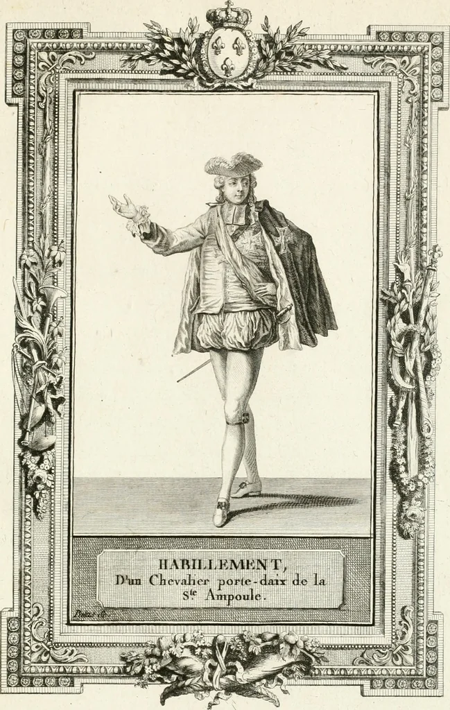 An illustration from Sacre et couronnement de Louis XVI roi de France et de Navarre à Rheims, le 11 juin 1775 : précédé de Recherches sur le sacre des rois de France, depuis Clovis jusqu'a Louis XV : et suivi d'un Journal historique de ce qui s'est passé a cette auguste cérémonie : enrichi d'un très-grand nombre de figures en taille-douce, gravées par le sieur Patas, avec leurs explications, 1775, leaf 378
