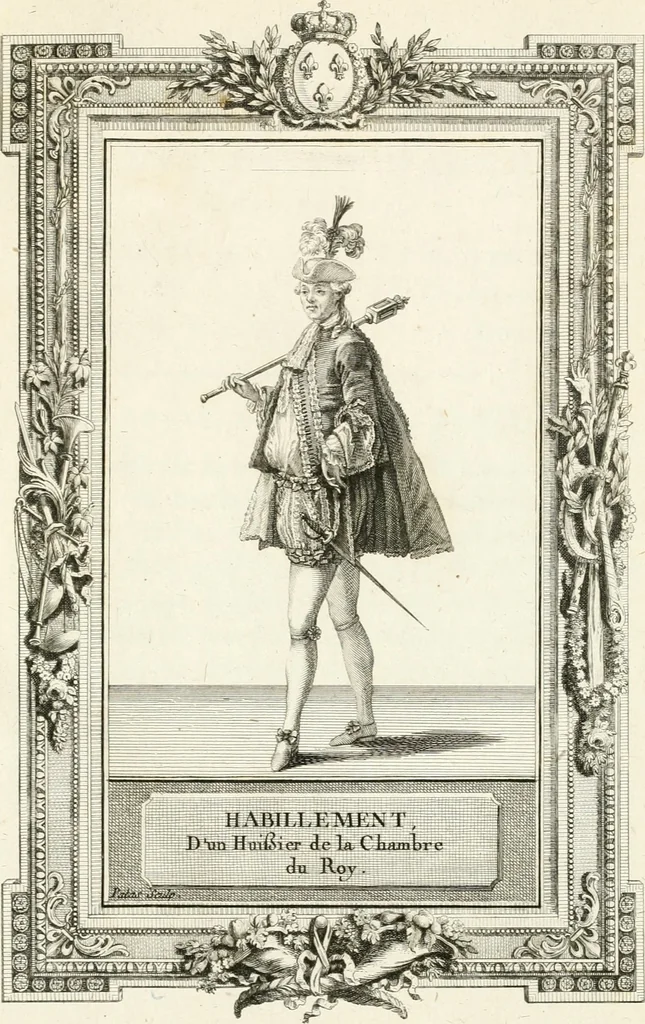 An illustration from Sacre et couronnement de Louis XVI roi de France et de Navarre à Rheims, le 11 juin 1775 : précédé de Recherches sur le sacre des rois de France, depuis Clovis jusqu'a Louis XV : et suivi d'un Journal historique de ce qui s'est passé a cette auguste cérémonie : enrichi d'un très-grand nombre de figures en taille-douce, gravées par le sieur Patas, avec leurs explications, 1775, leaf 384