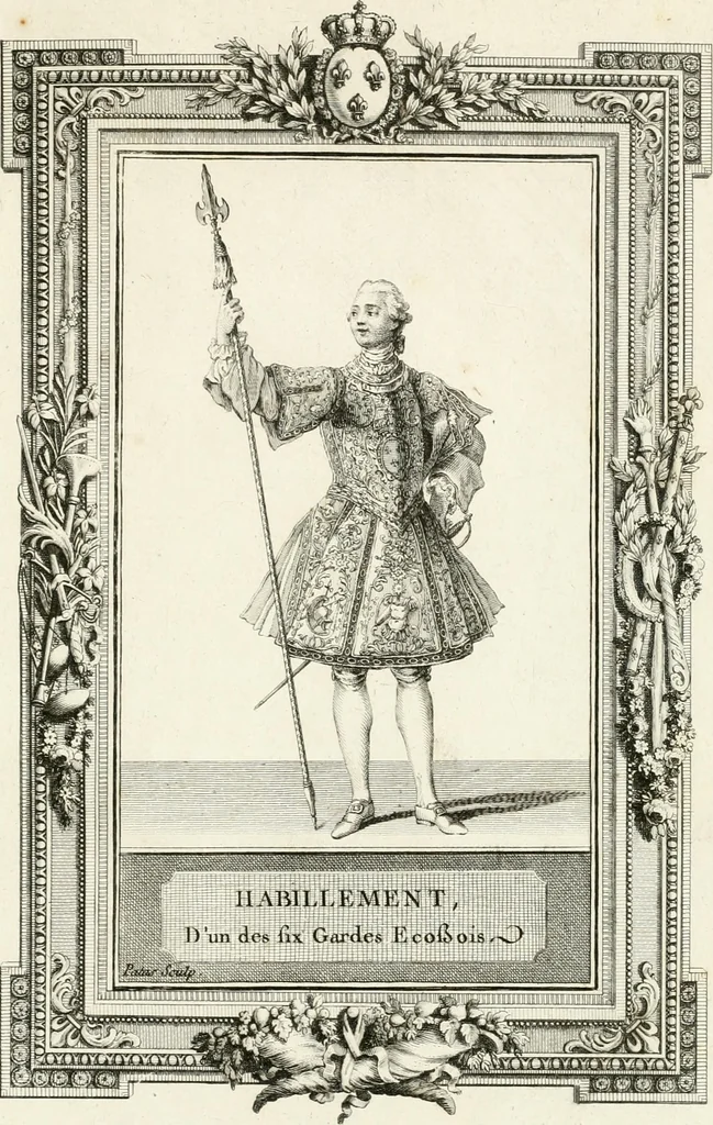 An illustration from Sacre et couronnement de Louis XVI roi de France et de Navarre à Rheims, le 11 juin 1775 : précédé de Recherches sur le sacre des rois de France, depuis Clovis jusqu'a Louis XV : et suivi d'un Journal historique de ce qui s'est passé a cette auguste cérémonie : enrichi d'un très-grand nombre de figures en taille-douce, gravées par le sieur Patas, avec leurs explications, 1775, leaf 388