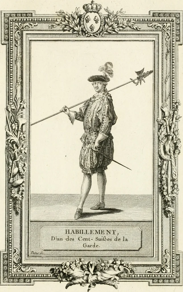 An illustration from Sacre et couronnement de Louis XVI roi de France et de Navarre à Rheims, le 11 juin 1775 : précédé de Recherches sur le sacre des rois de France, depuis Clovis jusqu'a Louis XV : et suivi d'un Journal historique de ce qui s'est passé a cette auguste cérémonie : enrichi d'un très-grand nombre de figures en taille-douce, gravées par le sieur Patas, avec leurs explications, 1775, leaf 390