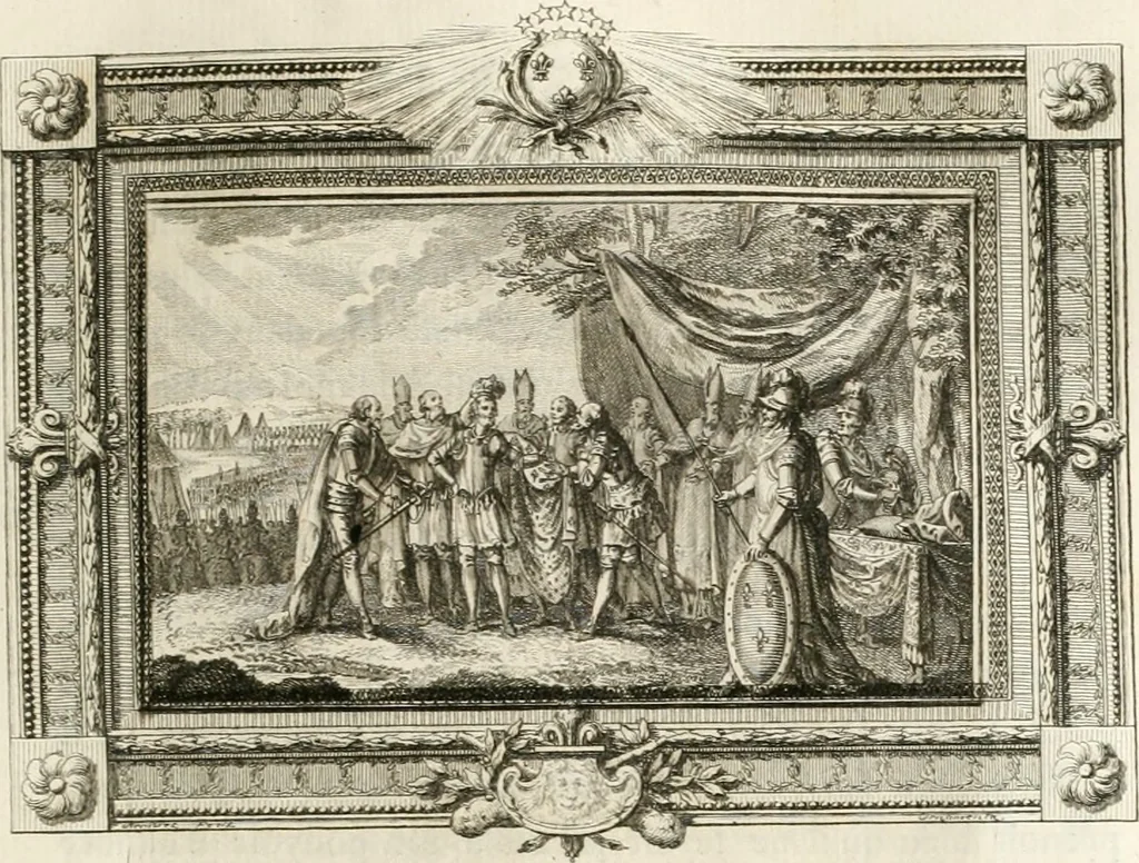 An illustration from Sacre et couronnement de Louis XVI roi de France et de Navarre à Rheims, le 11 juin 1775 : précédé de Recherches sur le sacre des rois de France, depuis Clovis jusqu'a Louis XV : et suivi d'un Journal historique de ce qui s'est passé a cette auguste cérémonie : enrichi d'un très-grand nombre de figures en taille-douce, gravées par le sieur Patas, avec leurs explications, 1775, leaf 56