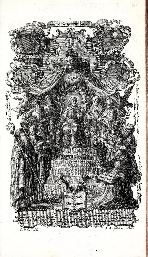 An illustration from Sacrosancta theologia universa : sacris bibliorum figuris illustrata, symbolis adumbrata, assertis scholasticis, dogmaticis, moralibus elucidata, iconismis aeneis exhibita : ..., 1738, leaf 129