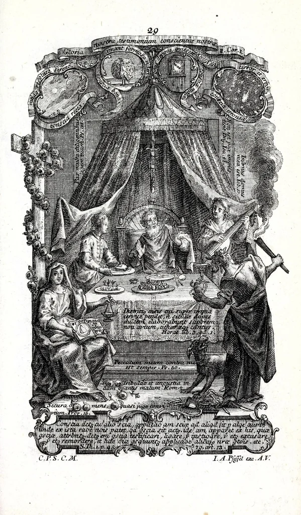 An illustration from Sacrosancta theologia universa : sacris bibliorum figuris illustrata, symbolis adumbrata, assertis scholasticis, dogmaticis, moralibus elucidata, iconismis aeneis exhibita : ..., 1738, leaf 181