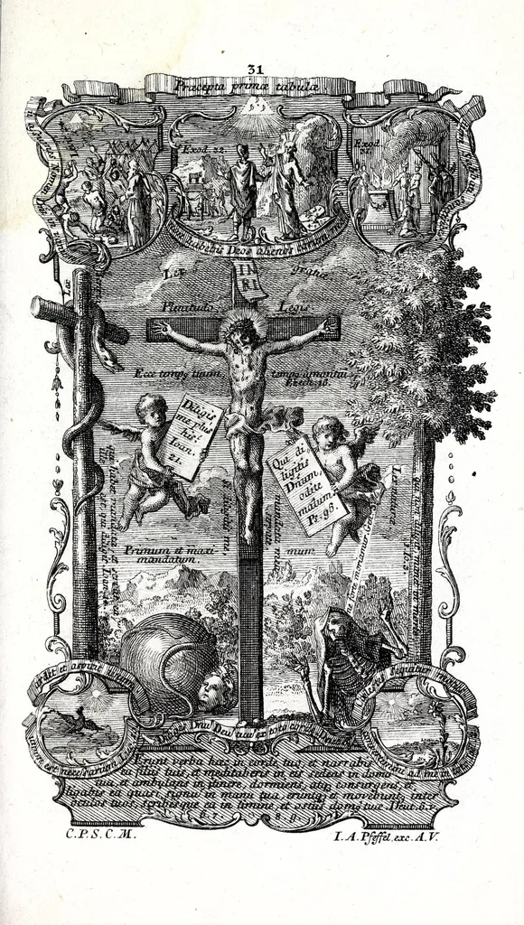 An illustration from Sacrosancta theologia universa : sacris bibliorum figuris illustrata, symbolis adumbrata, assertis scholasticis, dogmaticis, moralibus elucidata, iconismis aeneis exhibita : ..., 1738, leaf 185