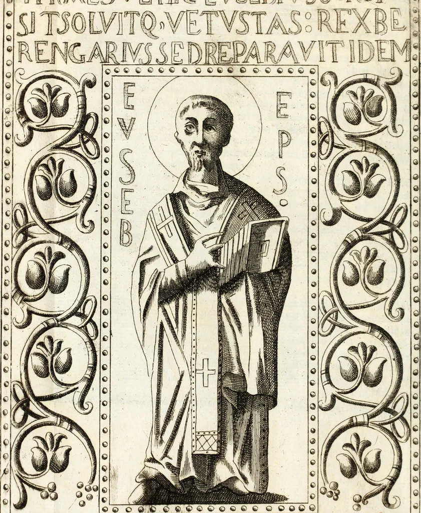 An illustration from Sacrosanctus Evangeliorum codex S. Eusebii Magni, episcopi et martyris, manu exaratus, ex autographo Basilicae vercellensis, ad unguem exhibitus, nunc primum in lucem prodit, opera et studio Joannis Andreae Irici Tridinensis, Collegii Ambrosiani Doctoris, cum ejusdem praefatione, notis, & concordantibus aliorum codicum, & ss. pp. lectionibus, 1748, leaf 25