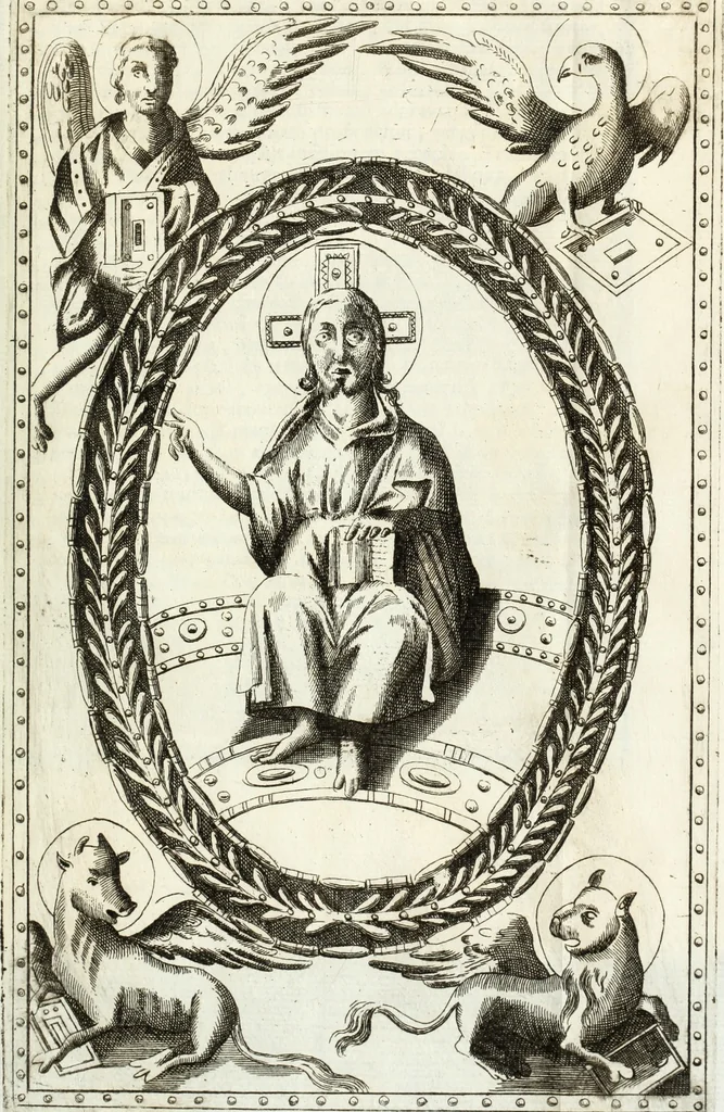 An illustration from Sacrosanctus Evangeliorum codex S. Eusebii Magni, episcopi et martyris, manu exaratus, ex autographo Basilicae vercellensis, ad unguem exhibitus, nunc primum in lucem prodit, opera et studio Joannis Andreae Irici Tridinensis, Collegii Ambrosiani Doctoris, cum ejusdem praefatione, notis, & concordantibus aliorum codicum, & ss. pp. lectionibus, 1748, leaf 28