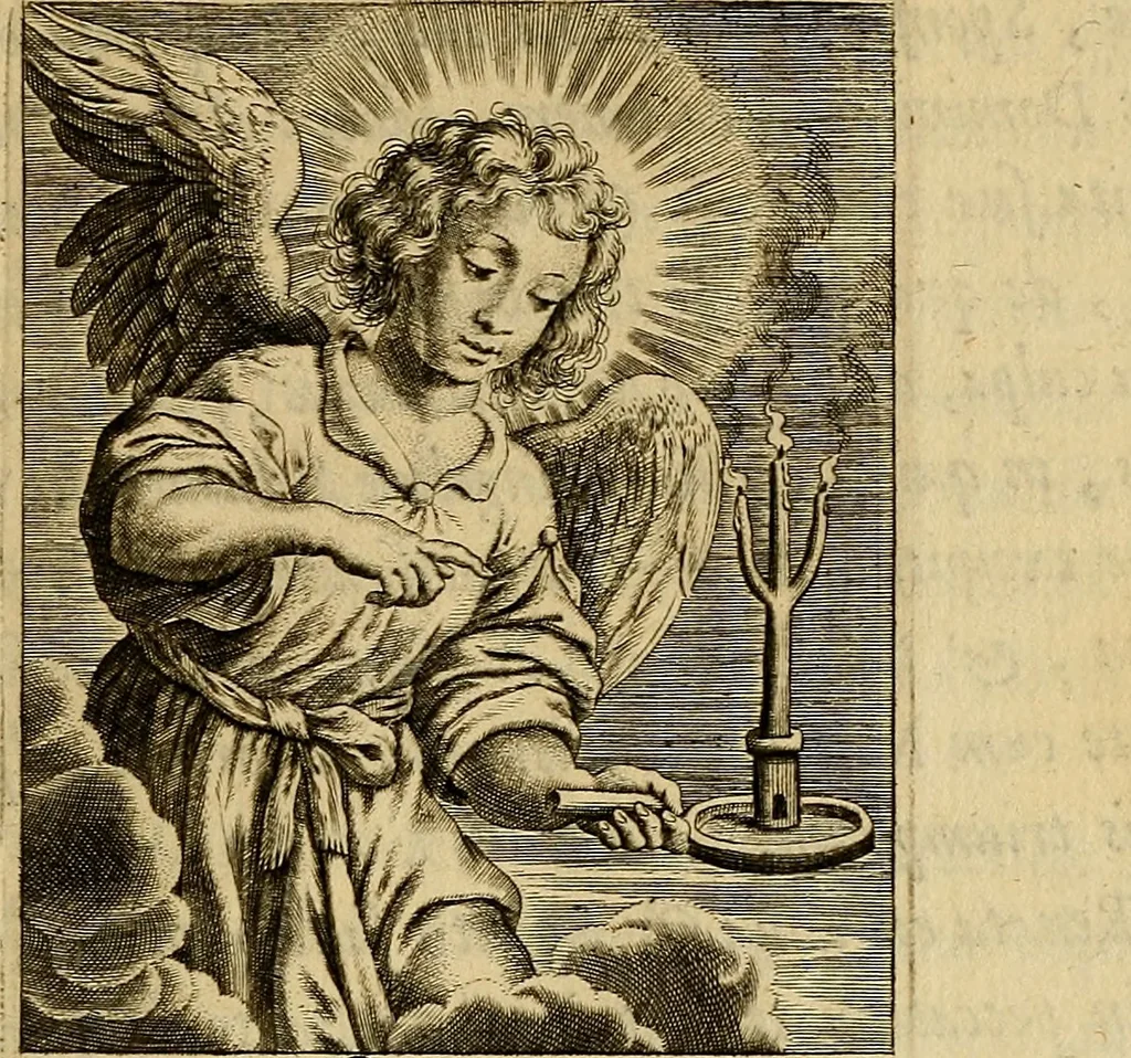 An illustration from Sacrum Oratorium piarum imaginum Immaculatae Mariae et animae creatae ac baptismo, poenitentia, et eucharistia innouatae : ars noua bene viuendi et moriendi, sacris piarum imaginum emblematis figurata & illustrata, 1634, leaf 14