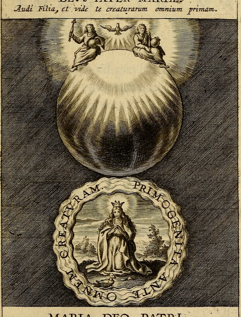 An illustration from Sacrum Oratorium piarum imaginum Immaculatae Mariae et animae creatae ac baptismo, poenitentia, et eucharistia innouatae : ars noua bene viuendi et moriendi, sacris piarum imaginum emblematis figurata & illustrata, 1634, leaf 26