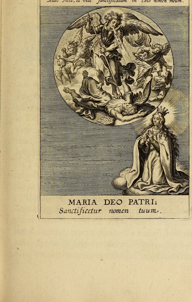 An illustration from Sacrum Oratorium piarum imaginum Immaculatae Mariae et animae creatae ac baptismo, poenitentia, et eucharistia innouatae : ars noua bene viuendi et moriendi, sacris piarum imaginum emblematis figurata & illustrata, 1634, leaf 34