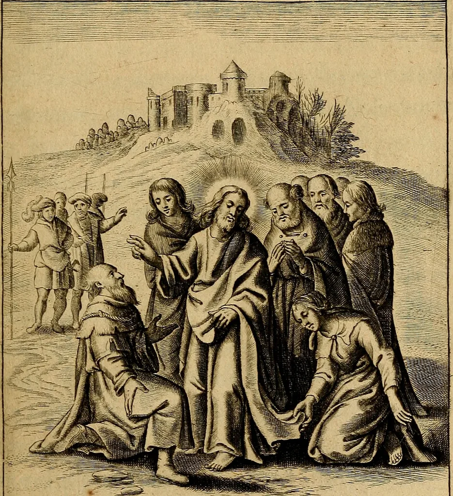 An illustration from Sacrum Oratorium piarum imaginum Immaculatae Mariae et animae creatae ac baptismo, poenitentia, et eucharistia innouatae : ars noua bene viuendi et moriendi, sacris piarum imaginum emblematis figurata & illustrata, 1634, leaf 416