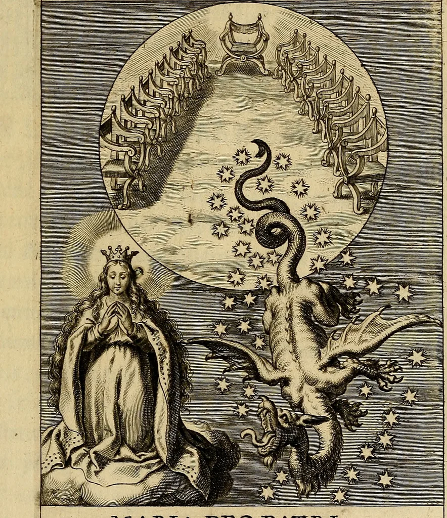 An illustration from Sacrum Oratorium piarum imaginum Immaculatae Mariae et animae creatae ac baptismo, poenitentia, et eucharistia innouatae : ars noua bene viuendi et moriendi, sacris piarum imaginum emblematis figurata & illustrata, 1634, leaf 42