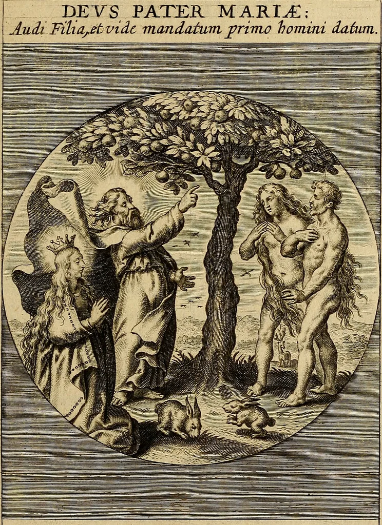 An illustration from Sacrum Oratorium piarum imaginum Immaculatae Mariae et animae creatae ac baptismo, poenitentia, et eucharistia innouatae : ars noua bene viuendi et moriendi, sacris piarum imaginum emblematis figurata & illustrata, 1634, leaf 50