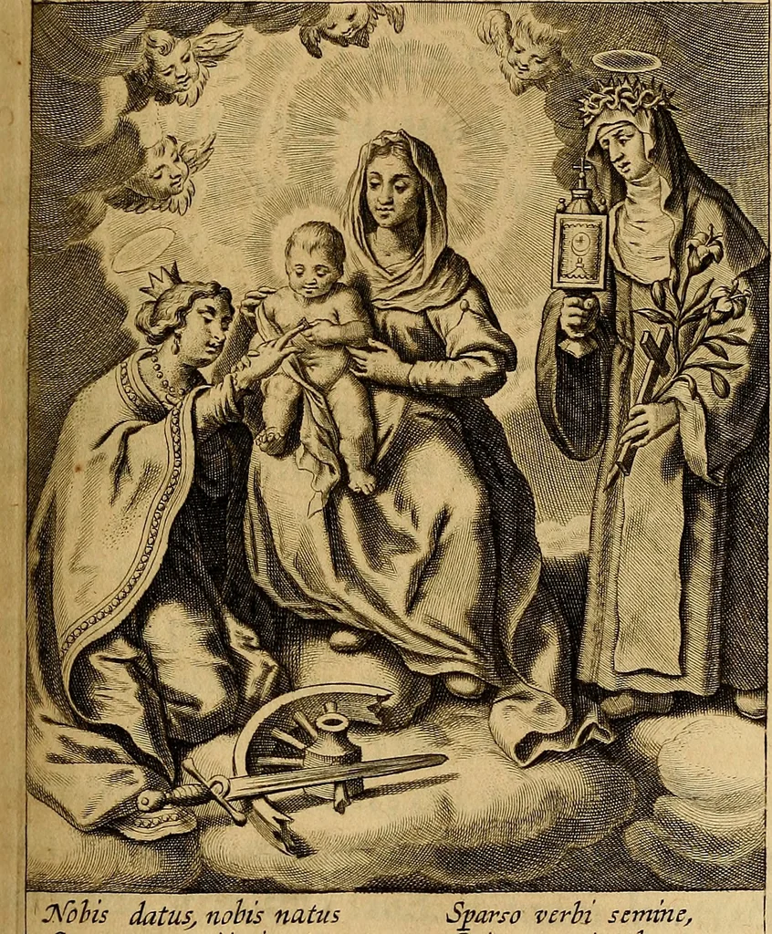 An illustration from Sacrum Oratorium piarum imaginum Immaculatae Mariae et animae creatae ac baptismo, poenitentia, et eucharistia innouatae : ars noua bene viuendi et moriendi, sacris piarum imaginum emblematis figurata & illustrata, 1634, leaf 550