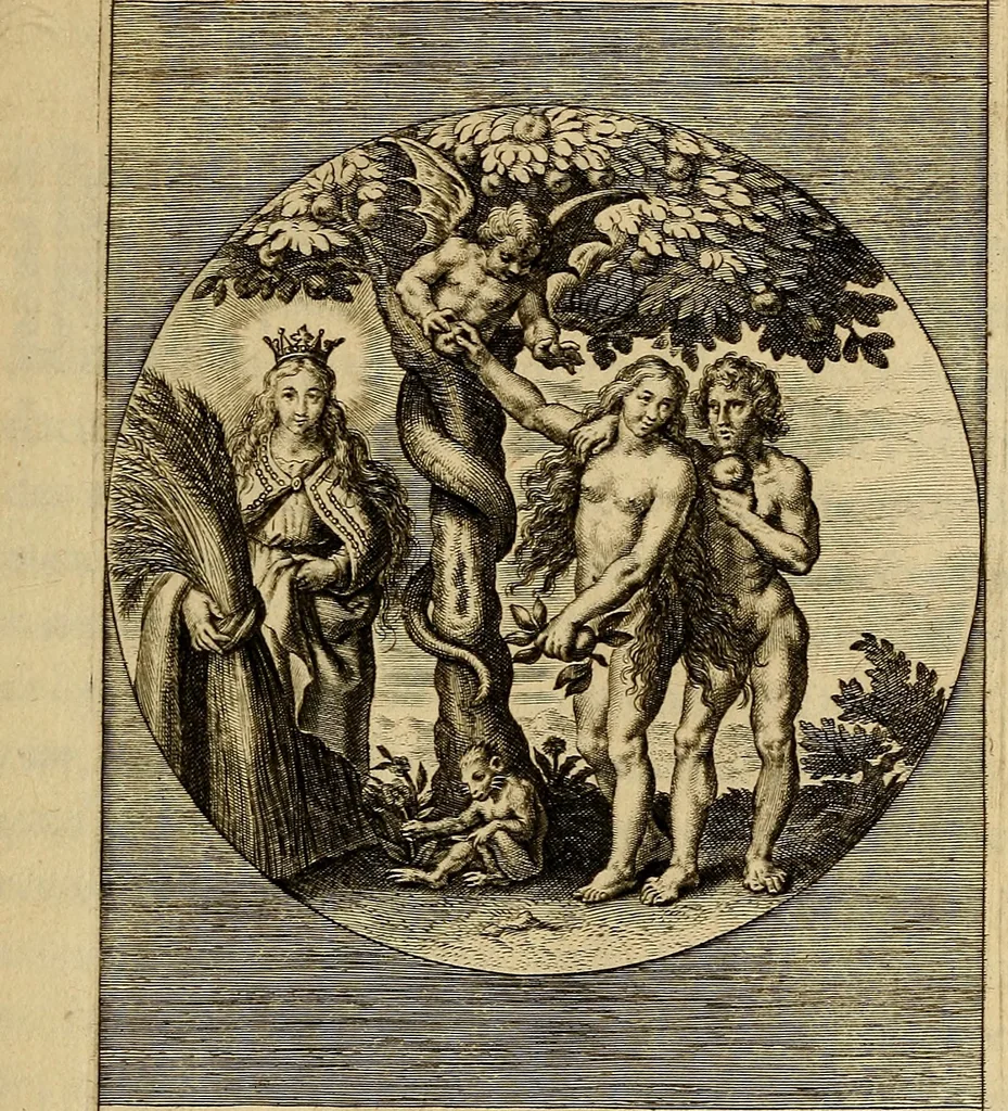 An illustration from Sacrum Oratorium piarum imaginum Immaculatae Mariae et animae creatae ac baptismo, poenitentia, et eucharistia innouatae : ars noua bene viuendi et moriendi, sacris piarum imaginum emblematis figurata & illustrata, 1634, leaf 58