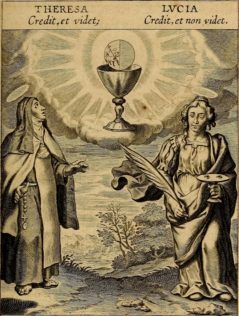 An illustration from Sacrum Oratorium piarum imaginum Immaculatae Mariae et animae creatae ac baptismo, poenitentia, et eucharistia innouatae : ars noua bene viuendi et moriendi, sacris piarum imaginum emblematis figurata & illustrata, 1634, leaf 586