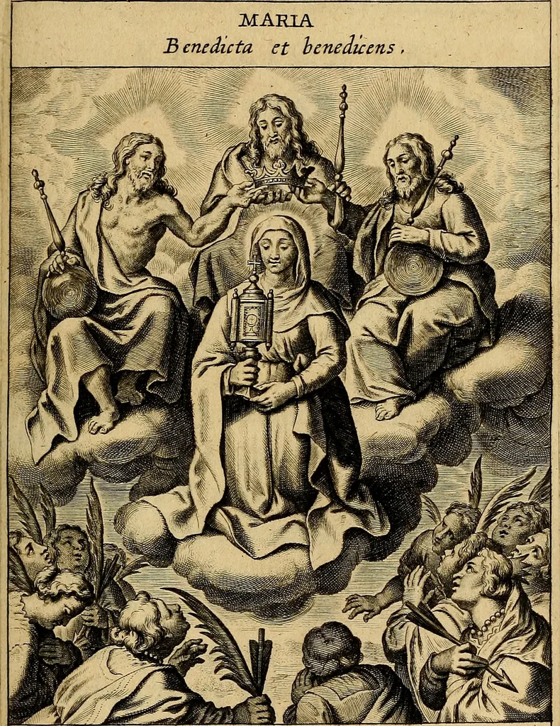 An illustration from Sacrum Oratorium piarum imaginum Immaculatae Mariae et animae creatae ac baptismo, poenitentia, et eucharistia innouatae : ars noua bene viuendi et moriendi, sacris piarum imaginum emblematis figurata & illustrata, 1634, leaf 622