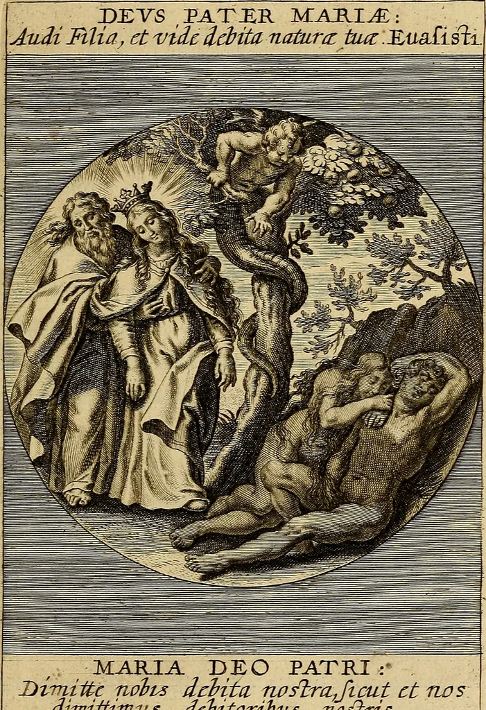 An illustration from Sacrum Oratorium piarum imaginum Immaculatae Mariae et animae creatae ac baptismo, poenitentia, et eucharistia innouatae : ars noua bene viuendi et moriendi, sacris piarum imaginum emblematis figurata & illustrata, 1634, leaf 68
