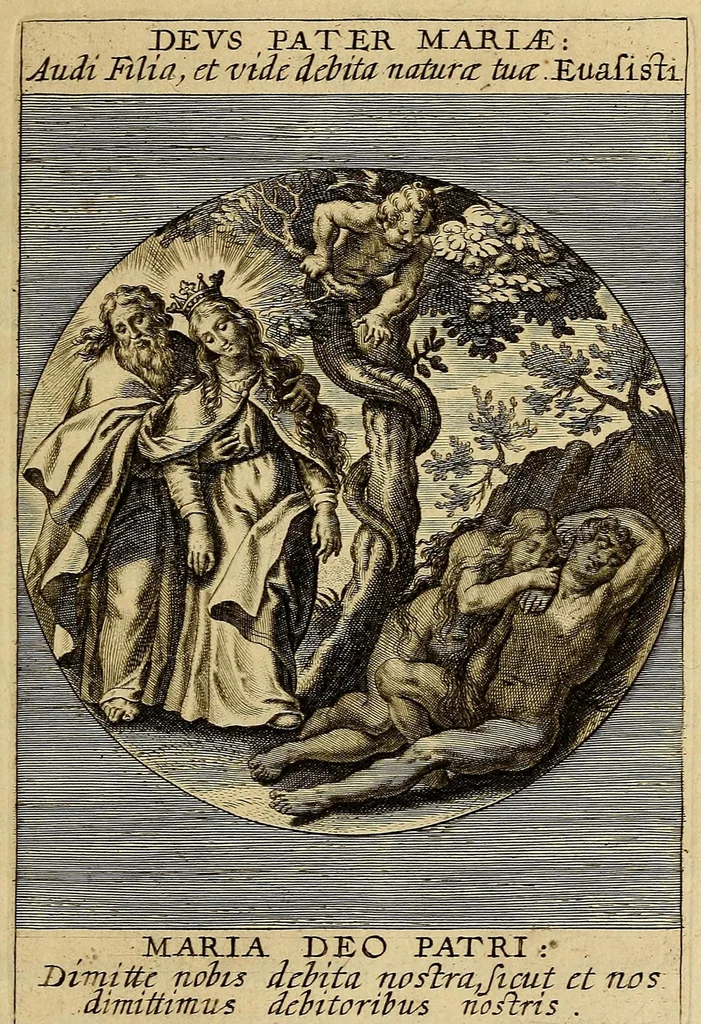 An illustration from Sacrvm oratorivm piarvm imaginvm immacvlatae Mariae et animae creatae : ac baptismo, poenitentia, et evcharistia innovatae : ars nova bene vivendi et moriende, sacris piarum imaginum emblematis figurata & illustrata, 1634, leaf 69