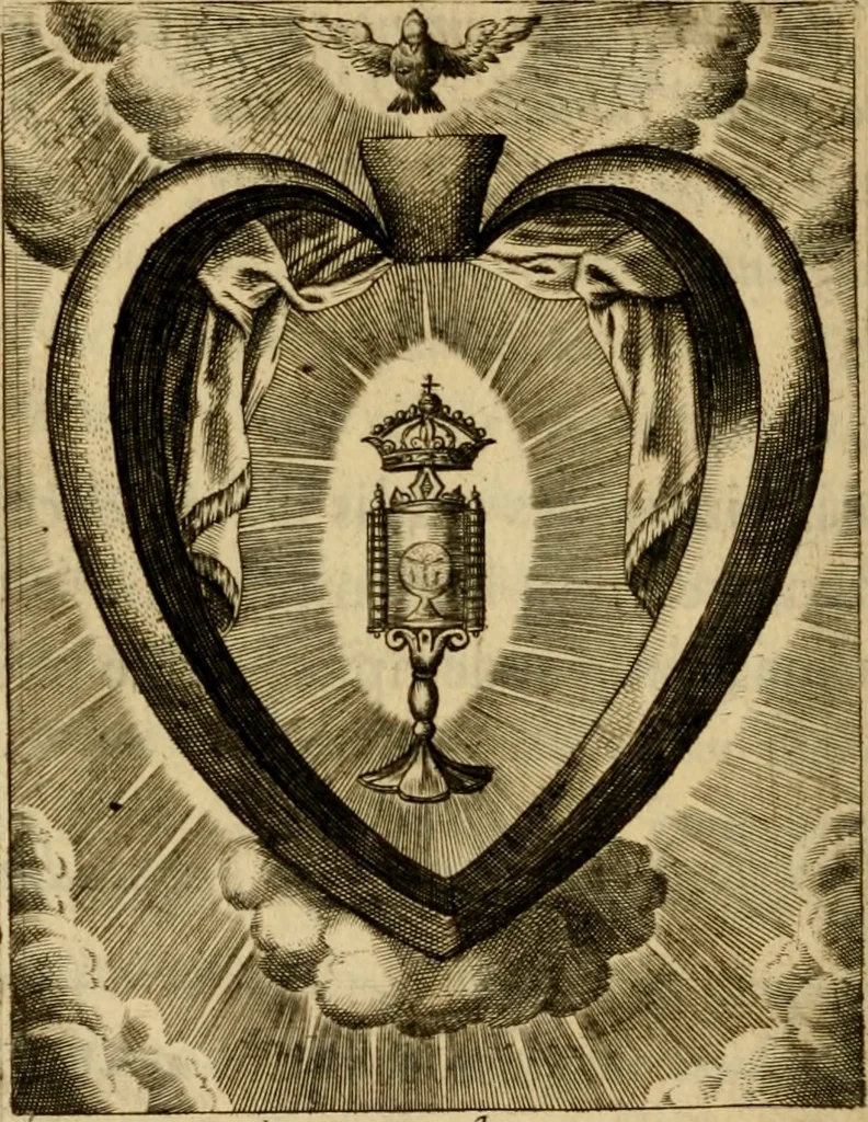 An illustration from Sacrum Oratorium piarum imaginum Immaculatae Mariae et animae creatae ac baptismo, poenitentia, et eucharistia innouatae : ars noua bene viuendi et moriendi, sacris piarum imaginum emblematis figurata & illustrata, 1634, leaf 729