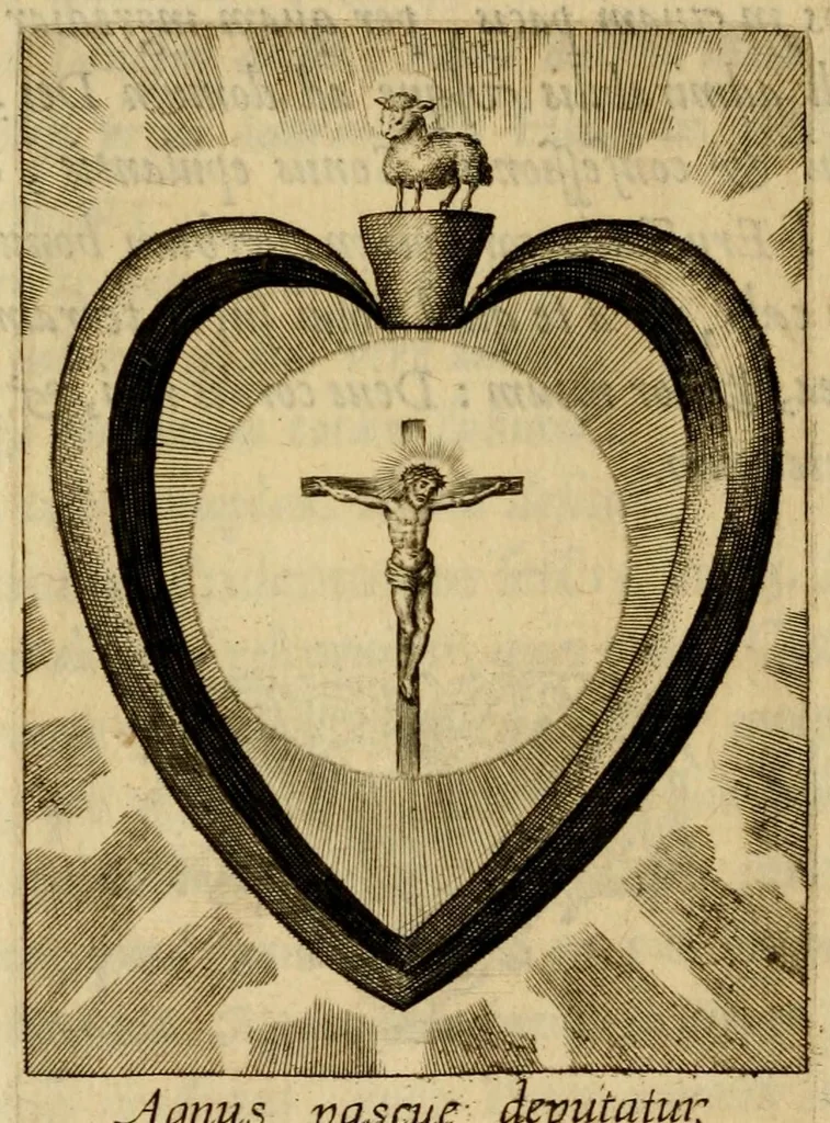 An illustration from Sacrvm oratorivm piarvm imaginvm immacvlatae Mariae et animae creatae : ac baptismo, poenitentia, et evcharistia innovatae : ars nova bene vivendi et moriende, sacris piarum imaginum emblematis figurata & illustrata, 1634, leaf 744
