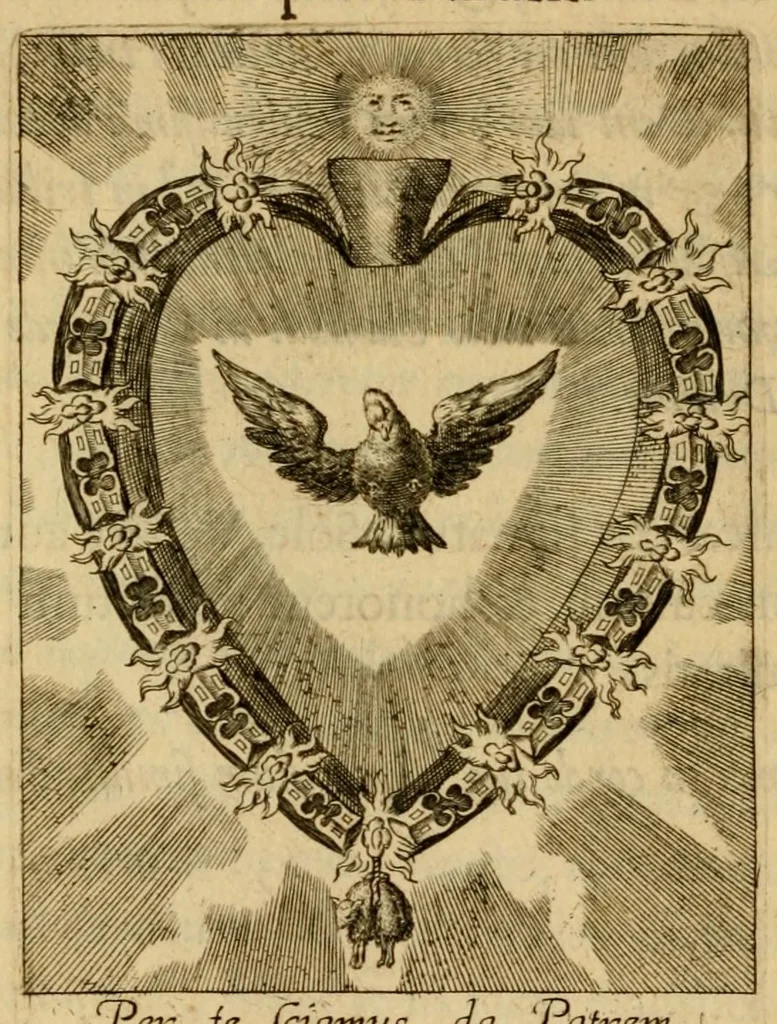 An illustration from Sacrvm oratorivm piarvm imaginvm immacvlatae Mariae et animae creatae : ac baptismo, poenitentia, et evcharistia innovatae : ars nova bene vivendi et moriende, sacris piarum imaginum emblematis figurata & illustrata, 1634, leaf 792