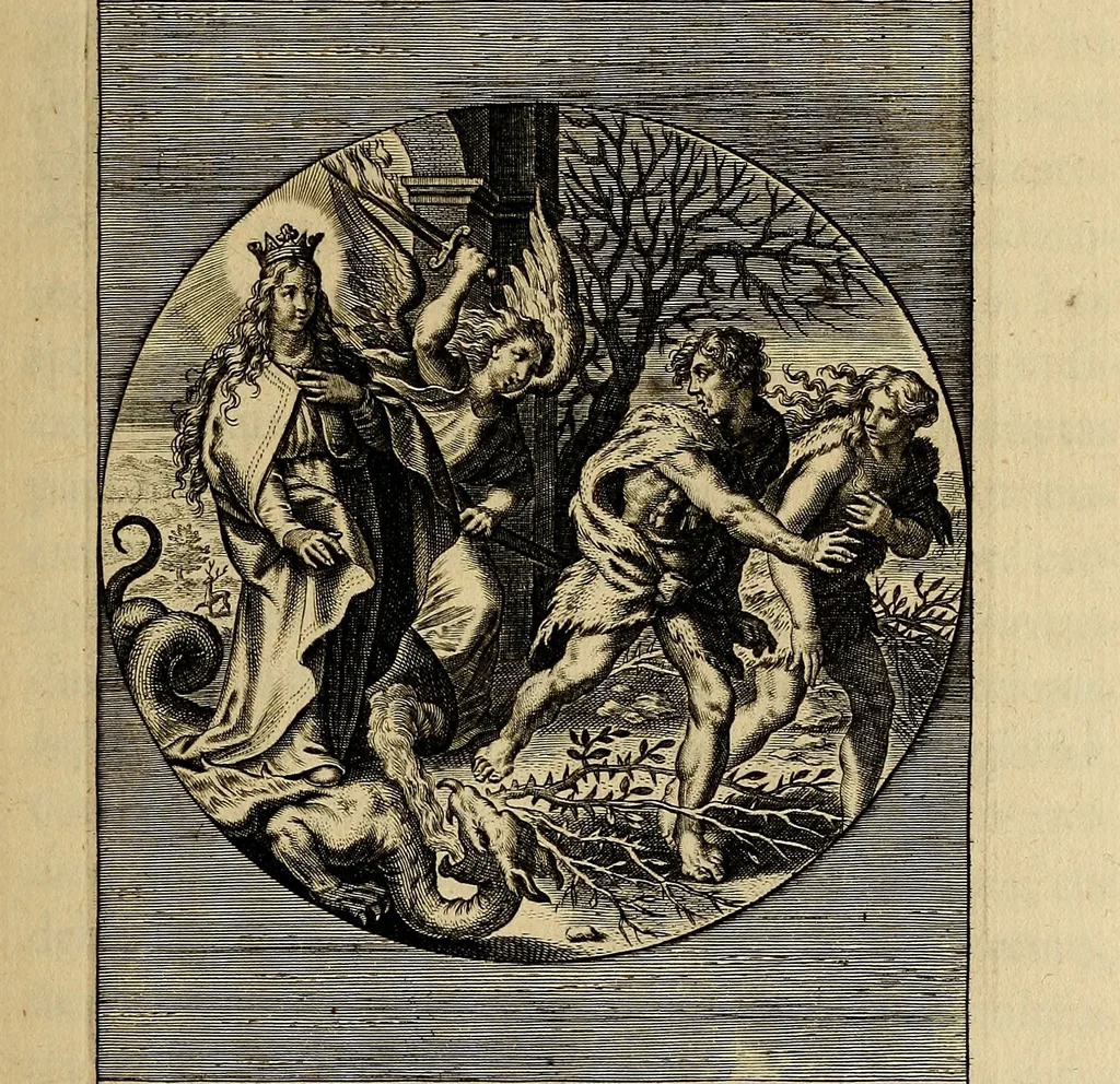 An illustration from Sacrum Oratorium piarum imaginum Immaculatae Mariae et animae creatae ac baptismo, poenitentia, et eucharistia innouatae : ars noua bene viuendi et moriendi, sacris piarum imaginum emblematis figurata & illustrata, 1634, leaf 80